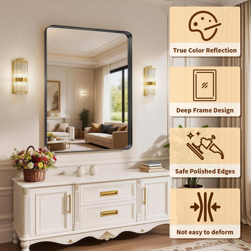 Easy4Home 36"x36" Extra Large Deep Frame Rounded Rectangle Bathroom Mirror Decor Vanity Mirror Wall Mounted,Black