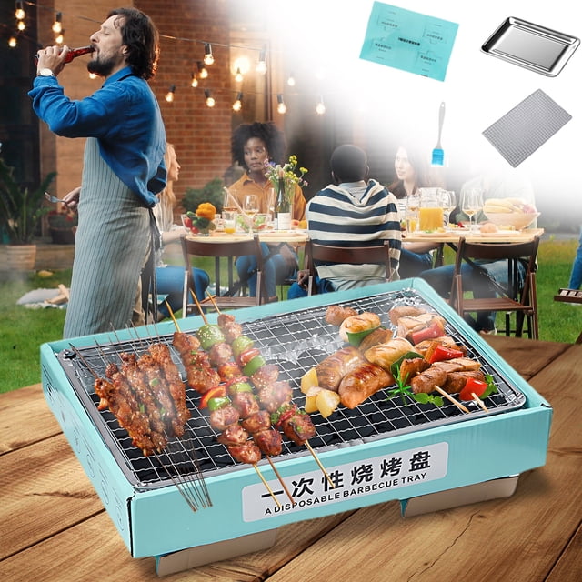 Parrilla de barbacoa desechable para picnic al aire libre | Carbón de combustión rápida | Bandeja de papel kraft plegable portátil de acero inoxidable de 12,5" | Set completo con pincel de aceite