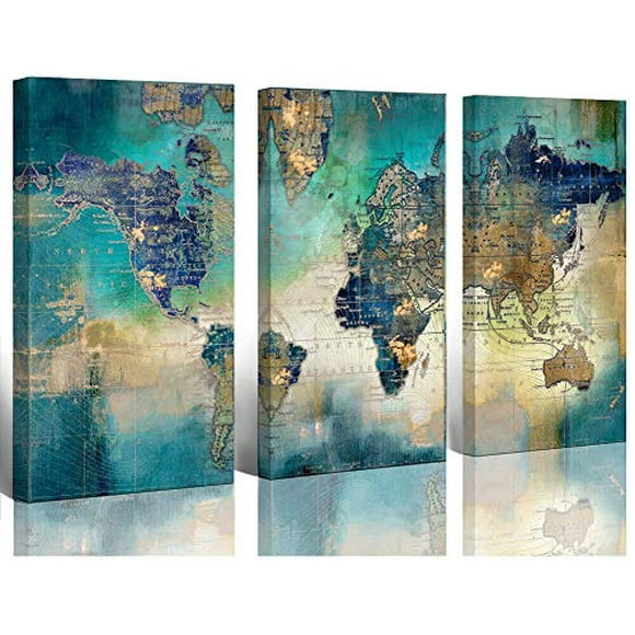 Large World Map Canvas Prints Wall Art for Living Room Office "16x32" 3 Piece Green World Map Picture Artwork Decor for Home Decoration