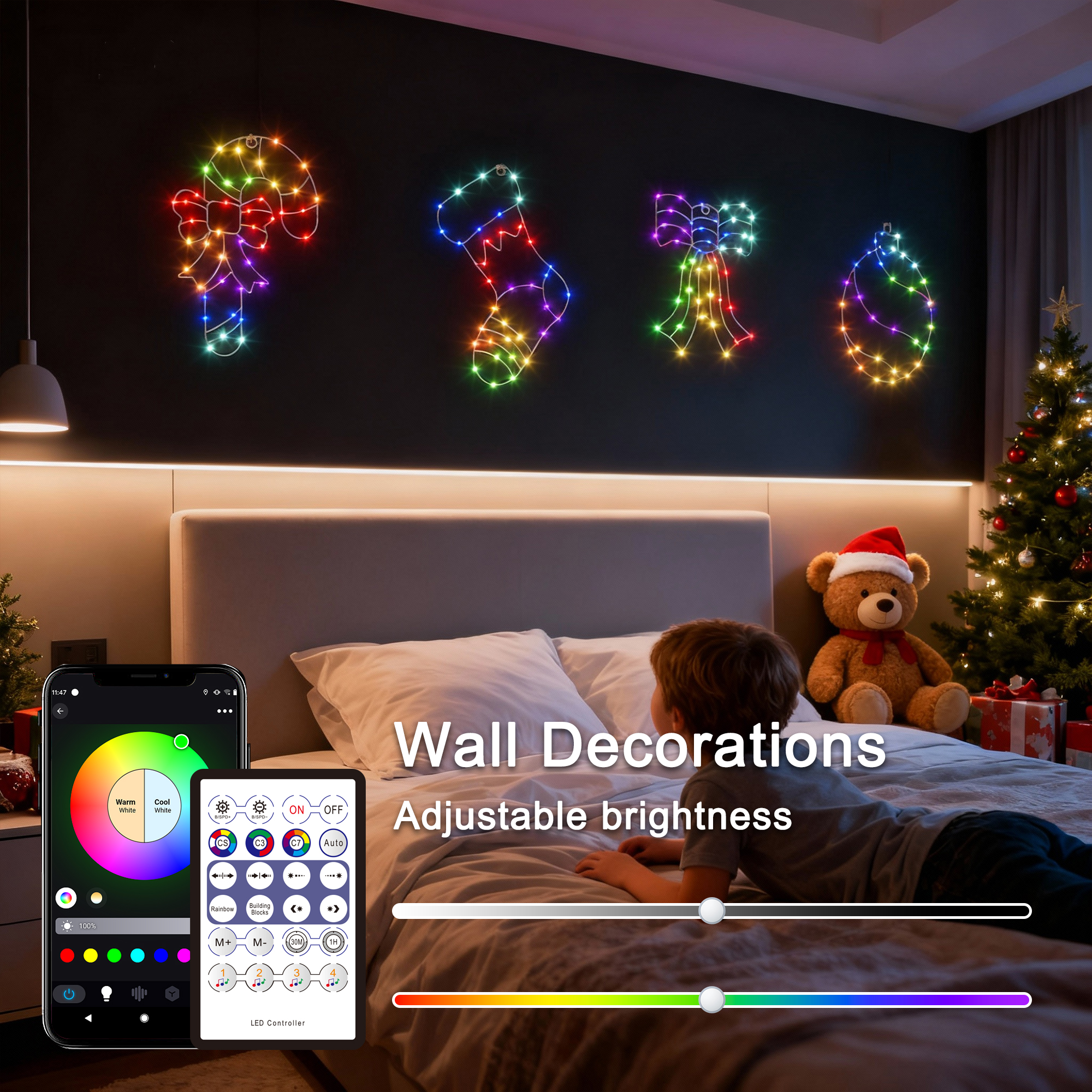 Beatineon Christmas Window Silhouette Lights, APP Controlled RGB Indoor Motif Lights with 4 Festive Designs(Ball,Socks,Crane,Bow), Remote, Timer & Music Sync for Holiday Home Decor
