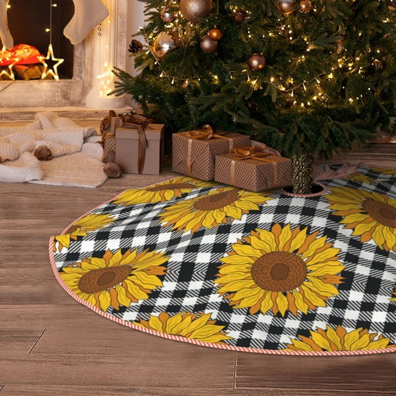 Halloween Christmas Tree Skirt - Sunflowers A 30 Inches Christmas Tree Skirt for Halloween Holiday Indoor Home Christmas Tree Decorations with Three Ribbons