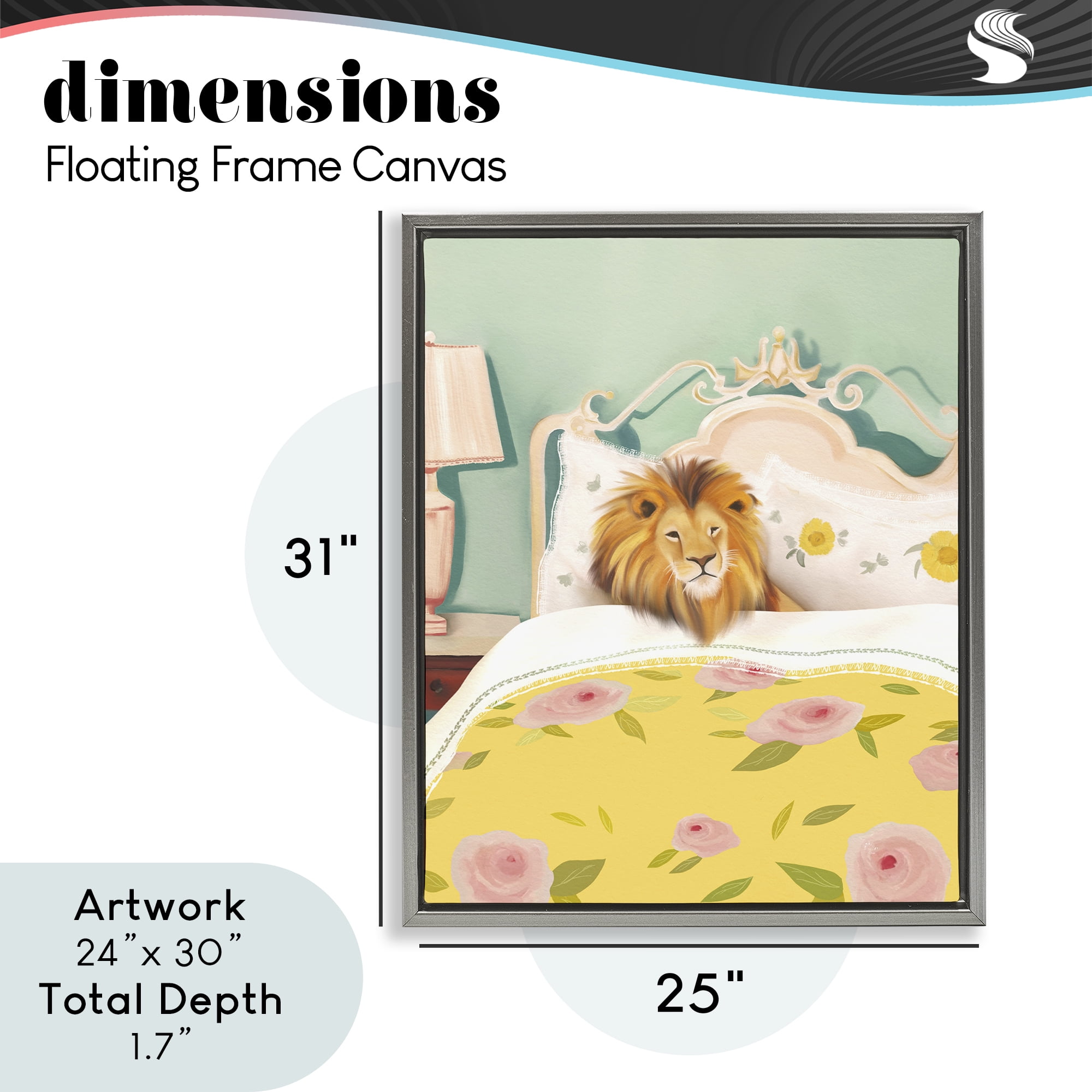 Good Morning Lion in Bed Gray Framed Floater Canvas Wall Art, design by Leah Straatsma