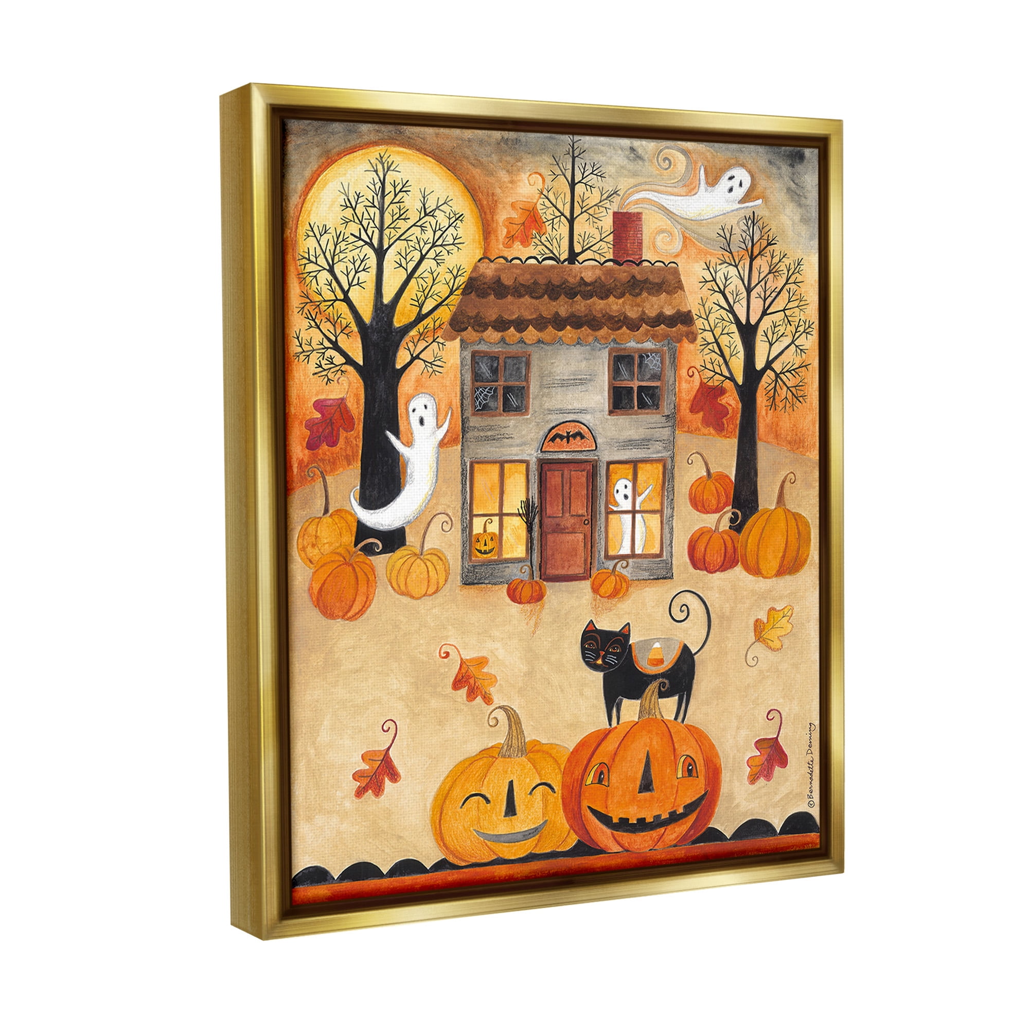 Stupell Industries Ghosts on Halloween Night Holiday Painting Gold Floater Framed Canvas Art Print Wall Art, 17 x 21