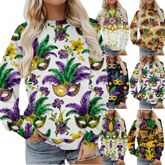 Gamivast Womens Mardi Gras Sweatshirts Plus Size Trendy Mask Graphic Drop Shoulder Pullover Casual Loose Long Sleeve Crew Neck Blouse Holiday Carnival Top