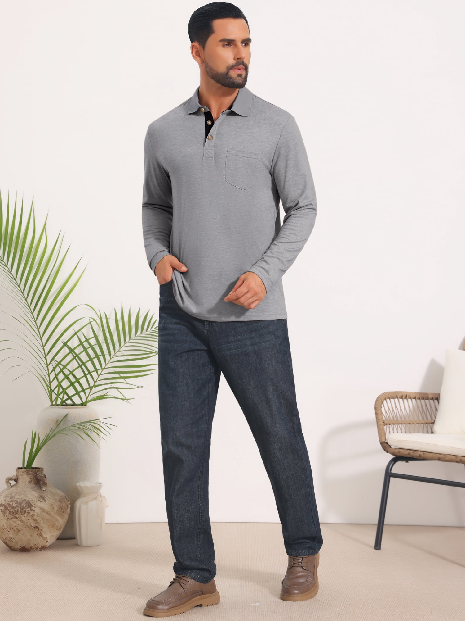 DARING DIVA Men's Contrast Button Collared Long Sleeves Golf Polo T-Shirts M Light Gray