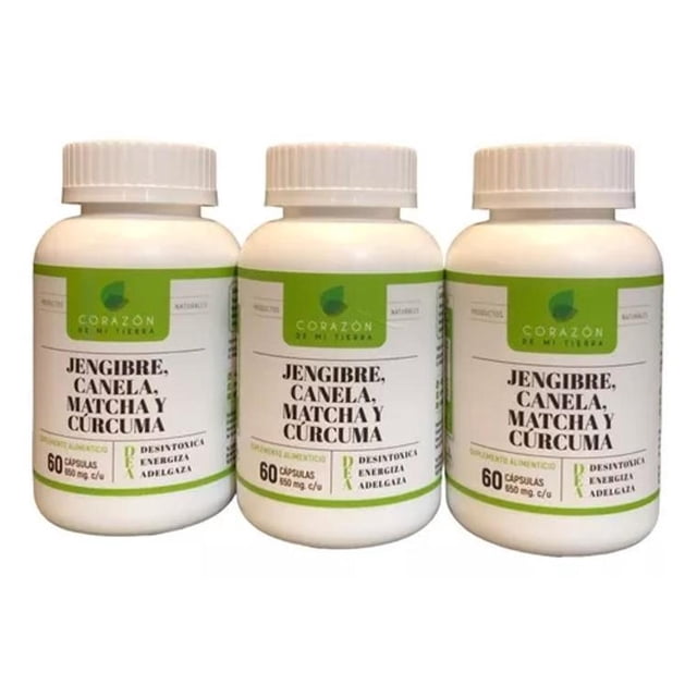 3 envases suplemento 60 cápsulas jengibre desintoxicante, pack de tres frascos plásticos blancos con etiqueta verde y logo Corazón De Mi Tierra; etiqueta muestra ingredientes jengibre, canela, matcha y cúrcuma y indica 60 cápsulas de 650 mg por envase; frontal, vista centrada, envases alineados.
