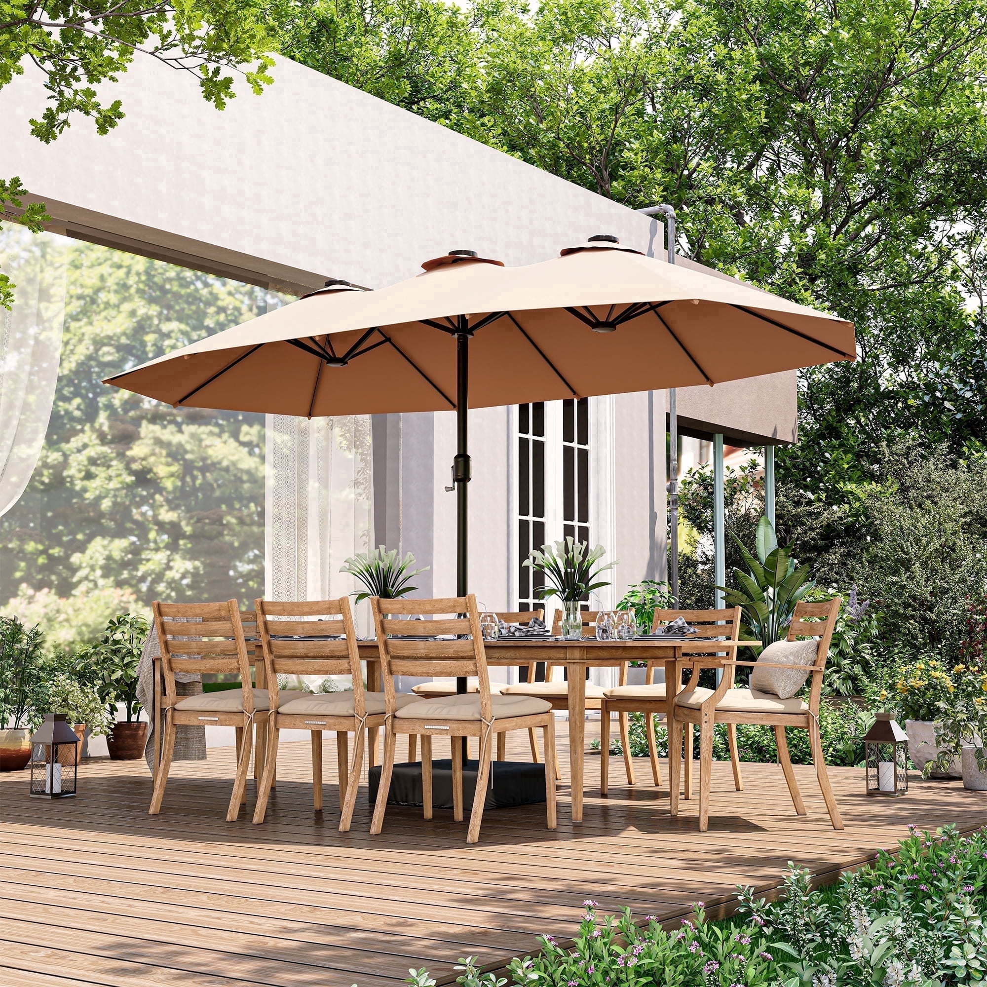 LAUSAINT HOME 13ft Double Sided Patio Umbrellas with Base & Crank Handle for Garden, Poolside, Beige
