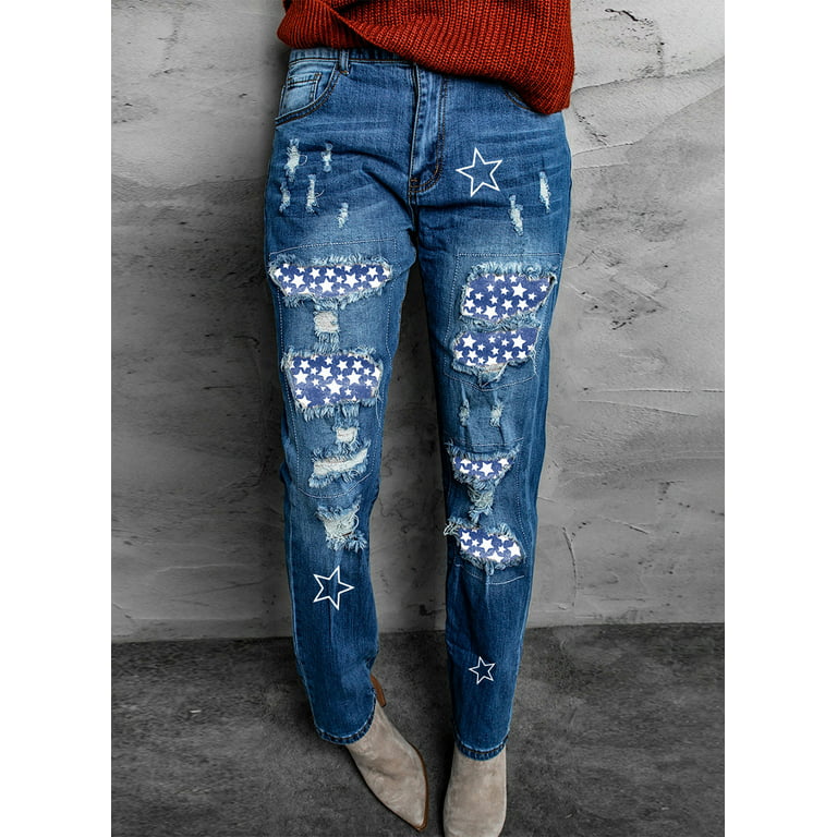 Blibea Stretch Patchwork Denim Jeans Women's Straight Leg Star Print Ripped Denim  Pants Sky Blue 8 
