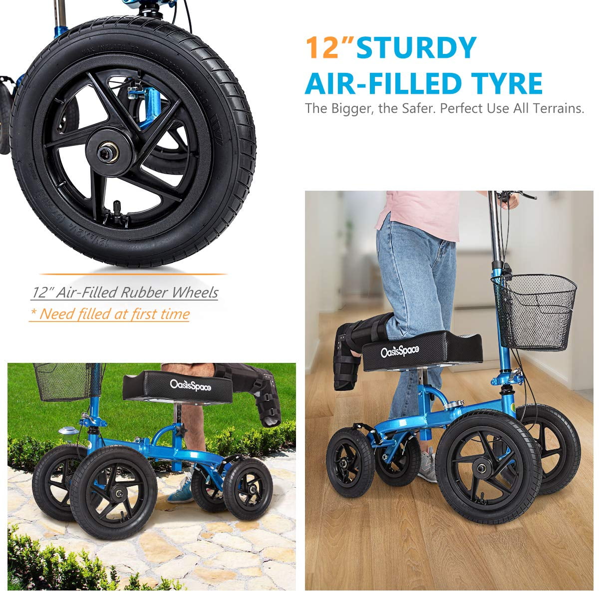 WETS All Terrain Knee Scooter, with 12 inches Non-Pneumatic Wheels, Steerable Knee Walker Heavy Duty Crutches for Foot Injuries Ankles Surgery (Blue)