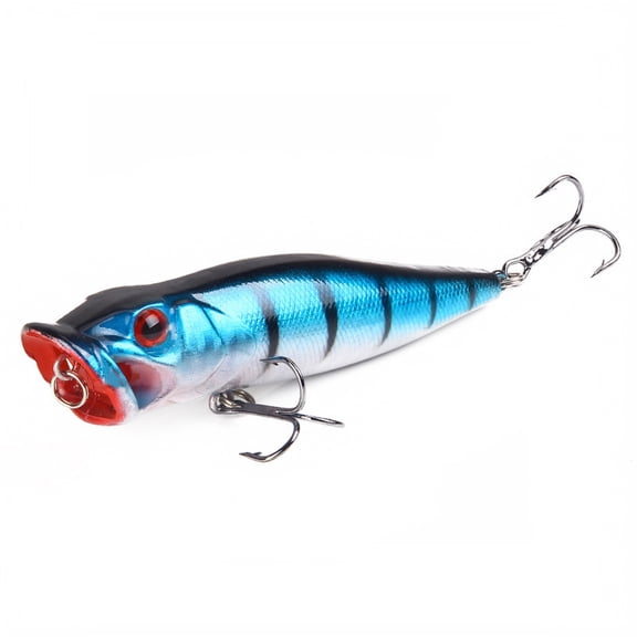 Topwater Popper Fishing Lure, Splashing Hard Bait with Cupped Mouth, 3D Eyes and 2 Treble Hooks, Blue Black, 0.44 oz, 3.54 Inch