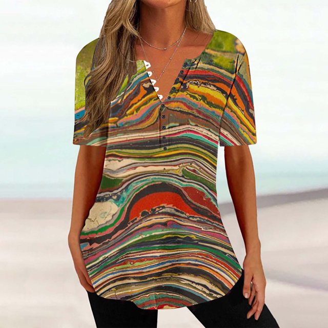Hauts d'Été pour Femmes 2024 à Moins de 10 $! Mode Surdimensionné Imprimé Bouton Manches Courtes Col Rond T-shirt Haut Cadeau pour Femmes en Solde