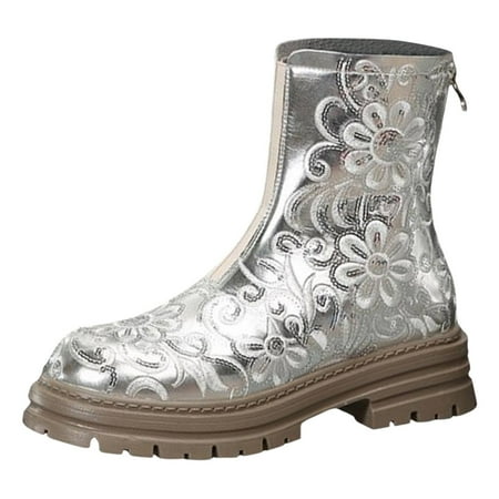 

PMUYBHF Round Toe Women s Shoes Embroidered with Ethnic Style Low Tube Solid Color Thick Heel Large Size Fashion Boots 38.98