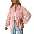 thumbnail image 2 of Trendy Denim Jackets for Women with Sequins Tassels Lapel Button Down Ripped Jean Coat Pockets Fall Outerwear (S, Pink), 2 of 6