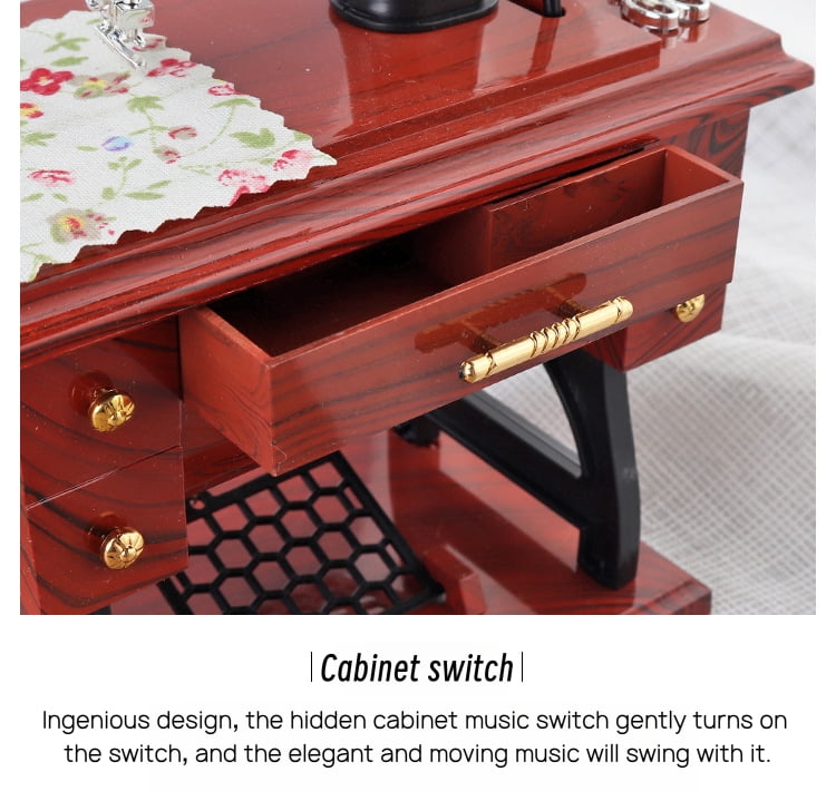 Retro Mini Sewing Machine Music Box - Hand-Wound (No Battery), Drawer-Activated Melody & Moving Parts (Pedal/Needle/Wheel)