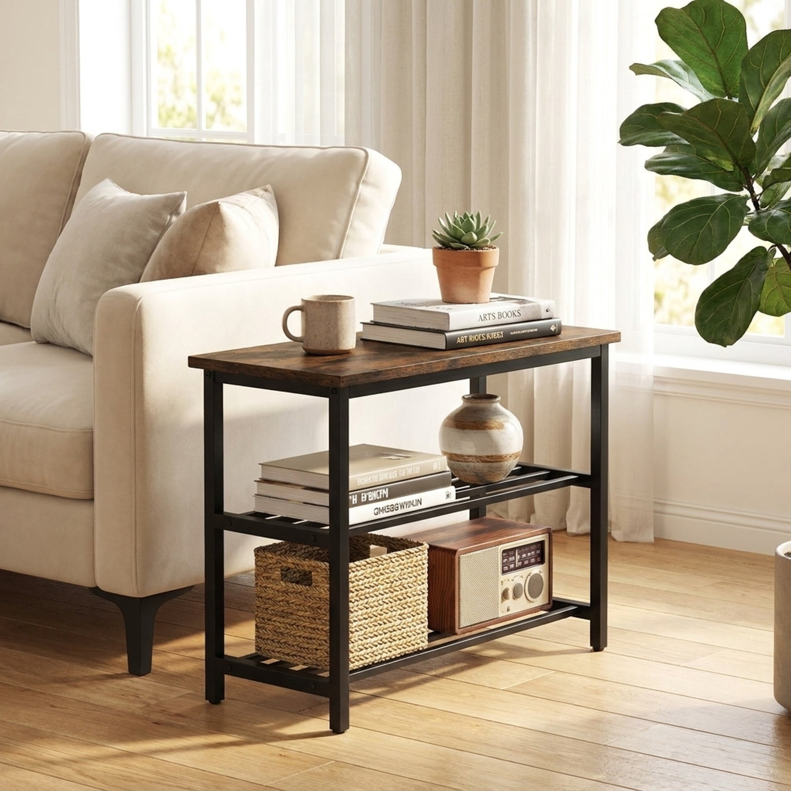 Furnibear 3 Tier Shoe Rack Bench with Metal Slat Shelves and Long Wooden Seat for Entryway Hallway Shoe Storage Bench, Rustic Brown