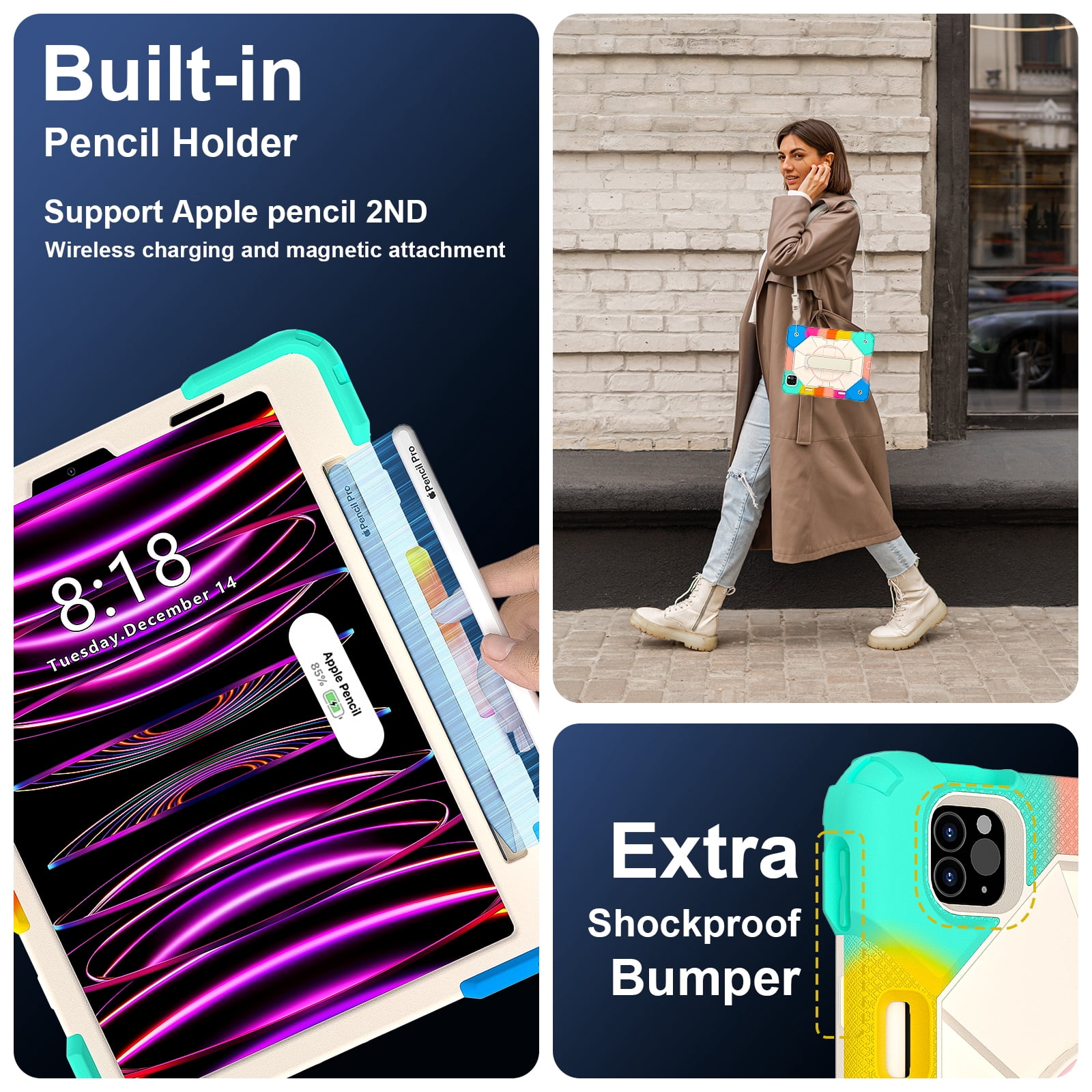 Shockproof Case for Apple iPad Pro 11 Inch 2022/2021/2020/2018 4th 3rd 2nd 1st Gen/ iPad Air 5th 4th Gen 10.9 Inch,Rotating Kickstand Pencil Holder Shoulder Strap Hand Strap Bumper Cover,Colorful Blue