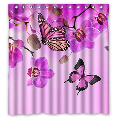 HelloDecor Pink Flower Butterfly Shower Curtain Polyester Fabric ...