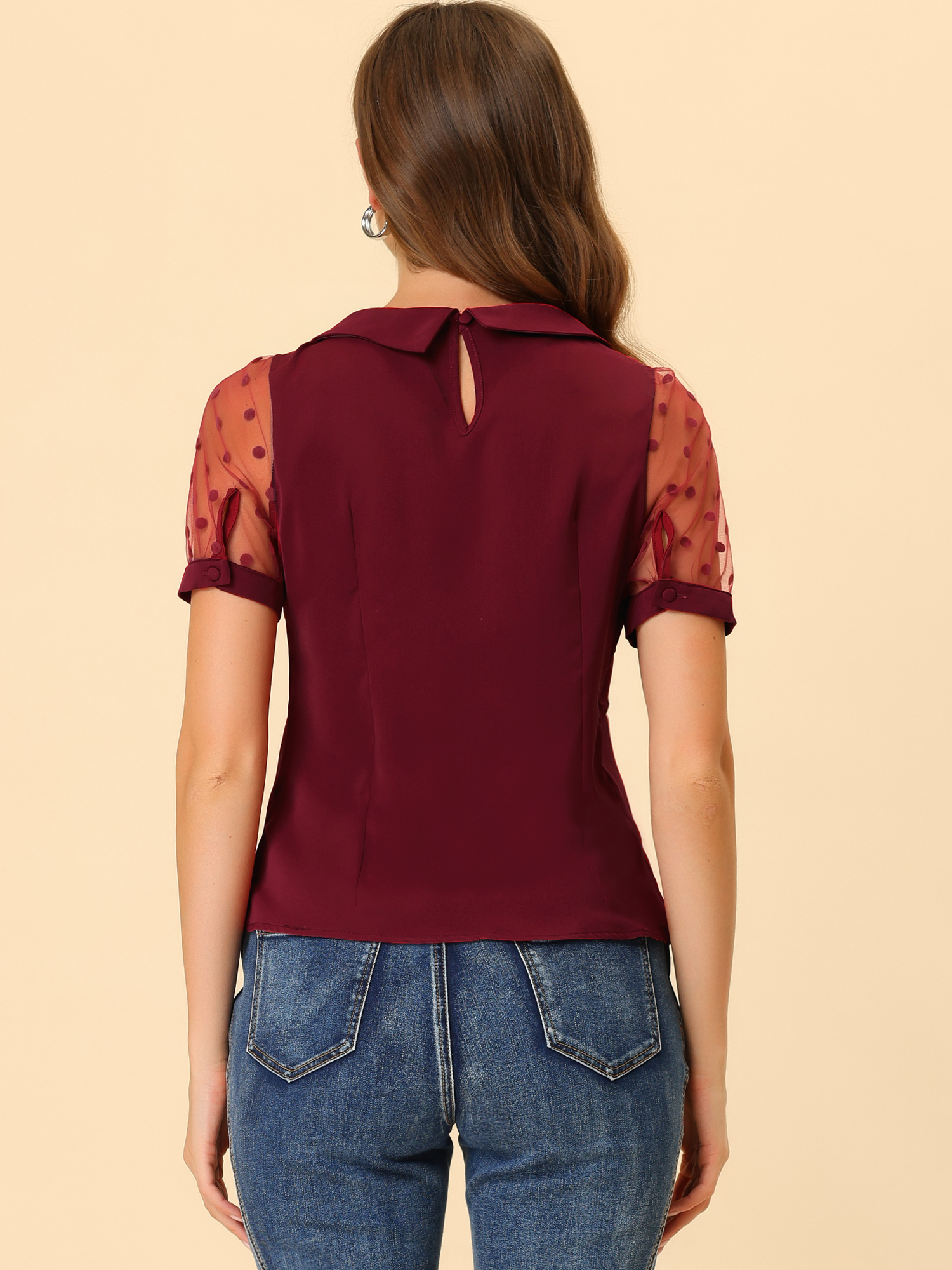 DARING DIVA Women's Polka Dots Mesh Peter Pan Collar Blouse XS Wine Red