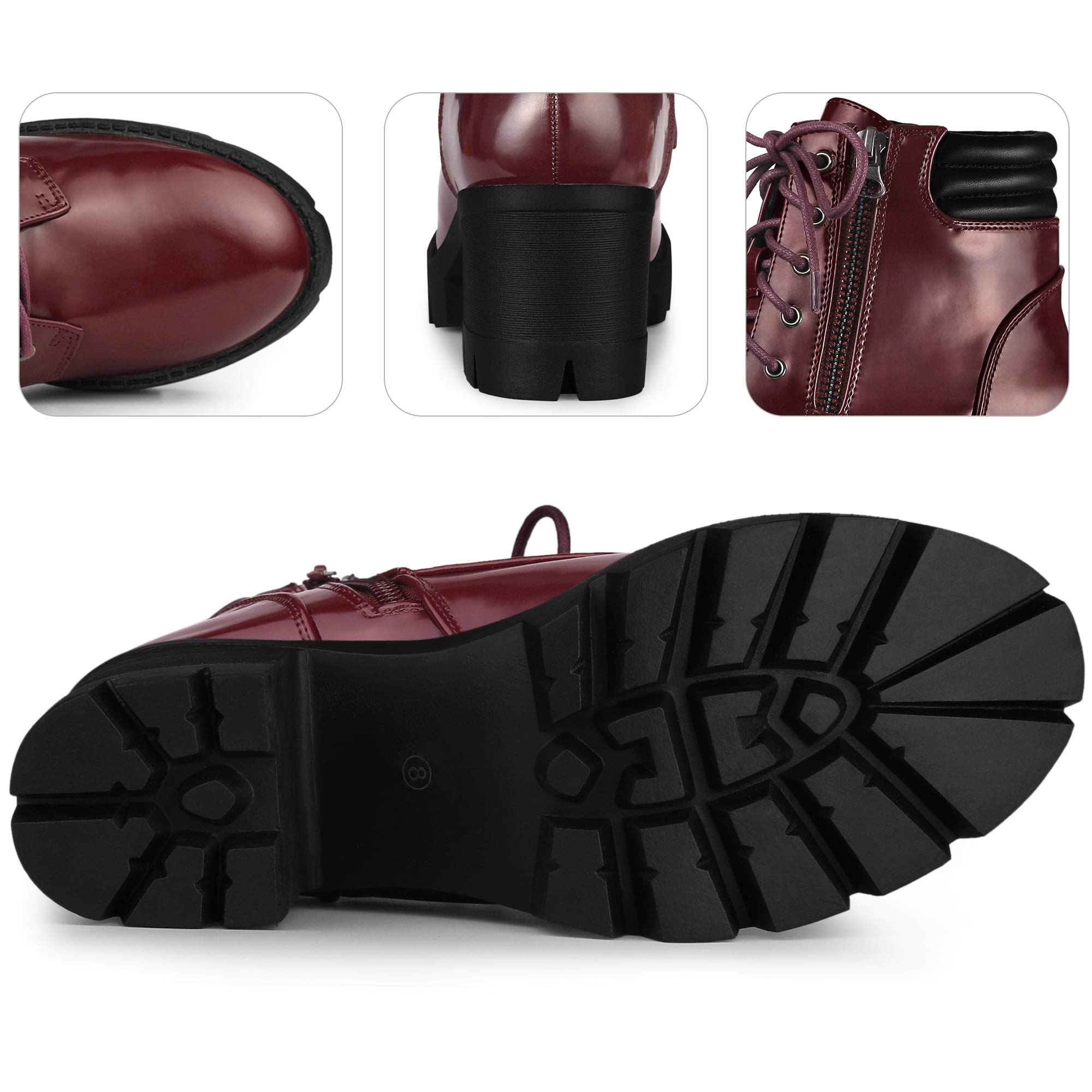 Unique Bargains Women's Lace Up Platform Chunky Heel Combat Boot Burgundy 8