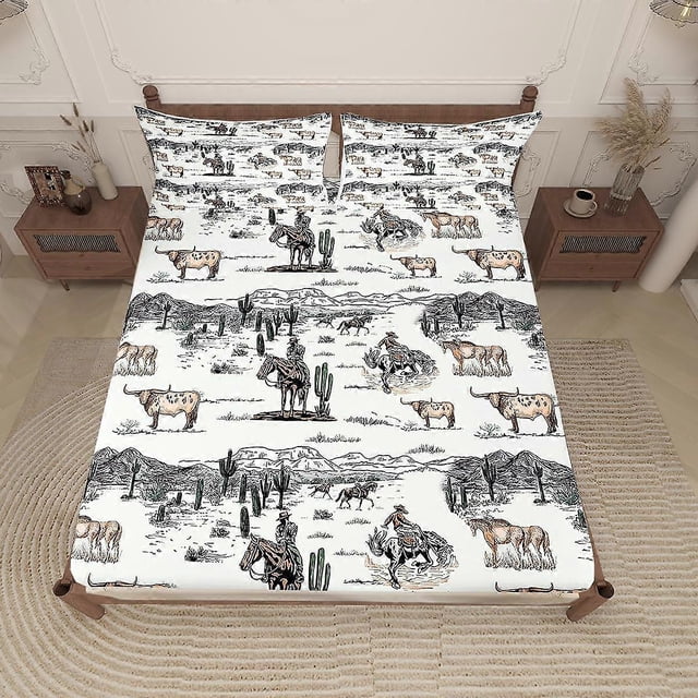 Vintage Southwest Bed Sheet Desert Cactus Cow Horse Animals Set Bedding for Kids Room Decor FULL Size (W54L75H16')