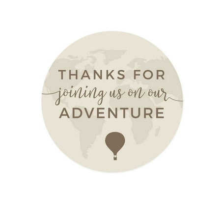 - Hot Air Balloon World Map, Vintage Tan Brown, Round Circle Stickers, Thank You for Joining Us on Our Adventure, 40-Pack