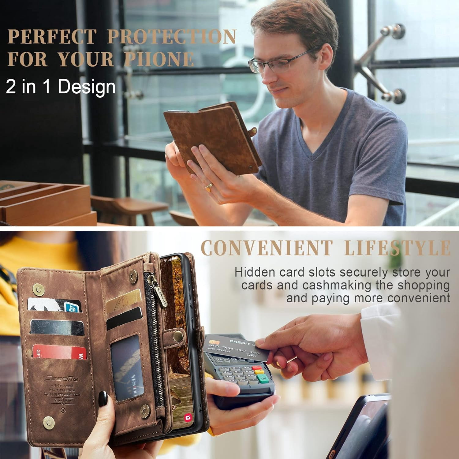 2 in 1 Detachable for Samsung Galaxy S23+ / S23 Plus Wallet Case with Card Holder, Retro Premium Flip Leather Cover  Zipper Pocket Phone Cases 6.6'' (Coffee,S23+/S23 Plus)