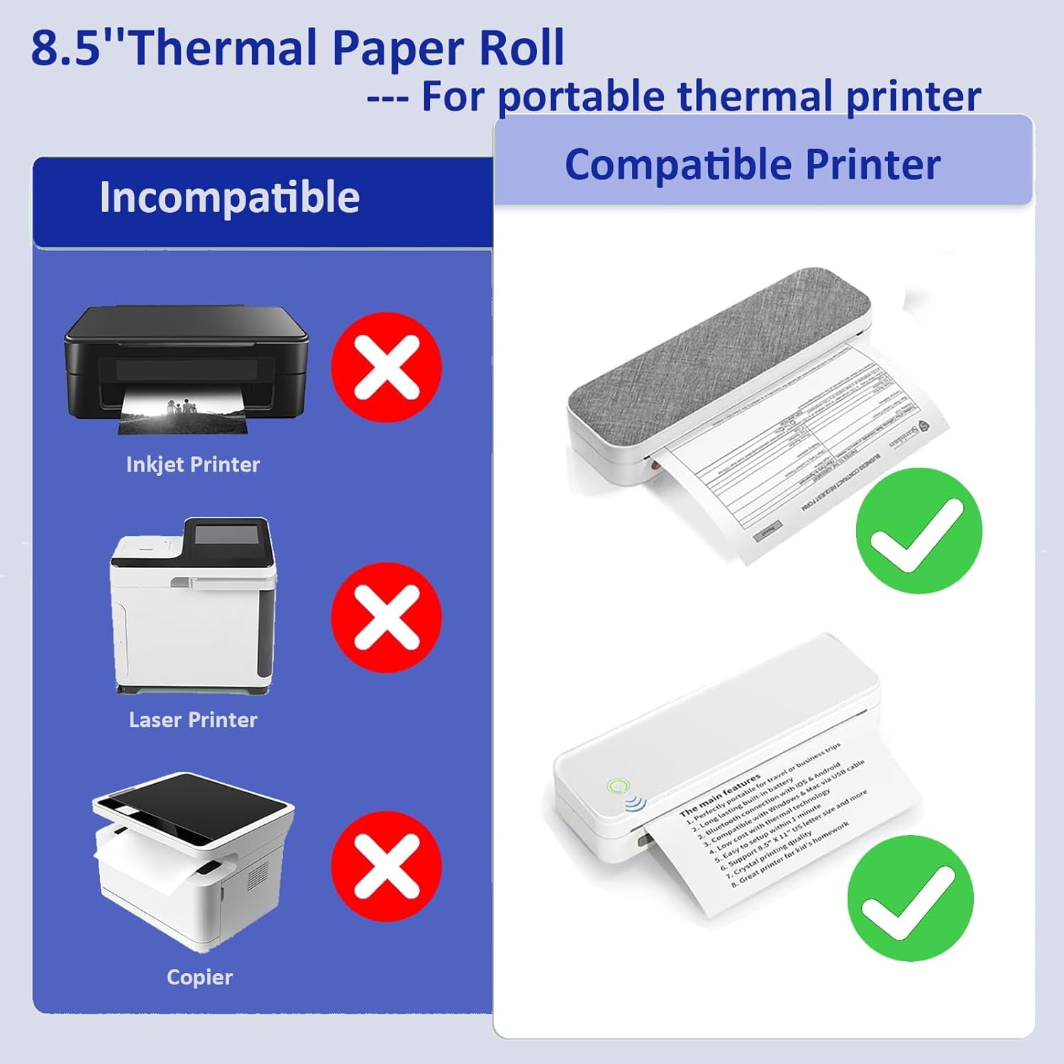 6 Rolls Thermal Paper 8.5 X 11 Inch, US Letter Paper Roll for M08f M832 Portable Printer, Thermal Printer Paper, Quick-dry A4 Paper Rolls for M08f M832 Inkless