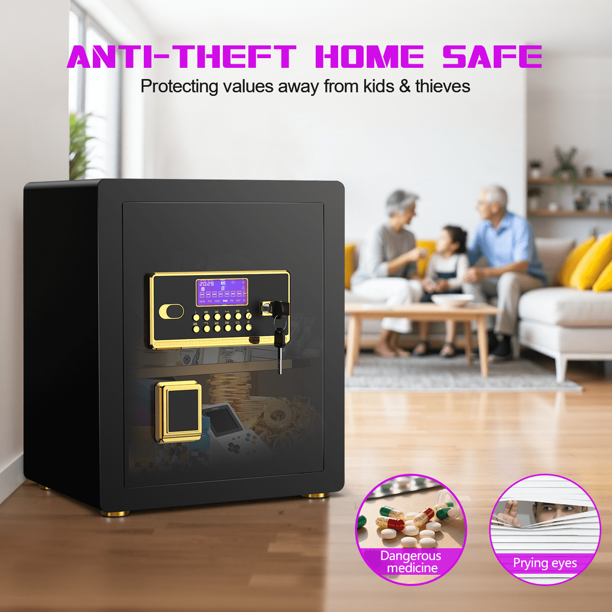 SYSENFO 3.0 Cuft Large Security Safe Box, Digital Keypad Lock, Built-in Alarm System & Fireproof Bag, Home & Office Safe for Cash, Valuables (Black)