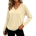 thumbnail image 4 of Women's V Neck Long Sleeve Blouse | Soft Stretch Draped Casual Tunic Tops, Lightweight Office Work Shirt for Spring Fall | CSEONE,Khaki M, 4 of 9