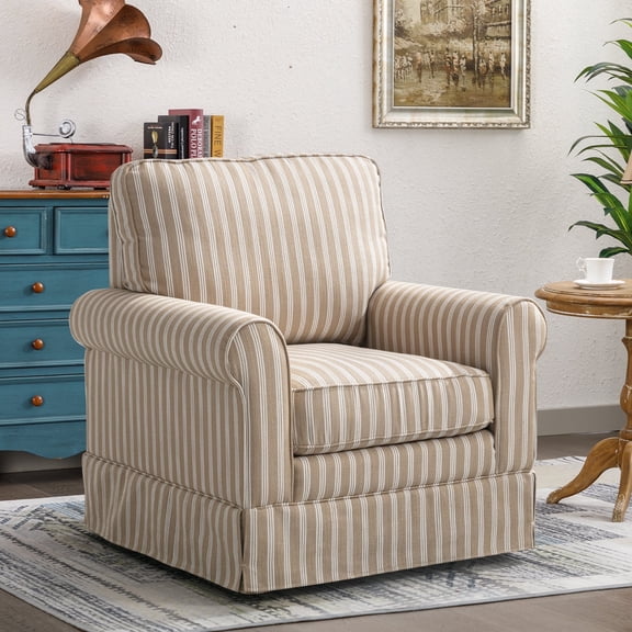 Ebello 30" Wide Bohemian Cotton Blend Vertical Stripe Sloped Arm Swivel Accent Chairs for Adults, Brown