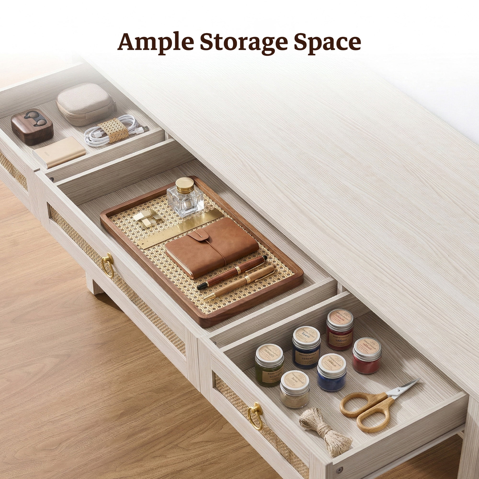 SICOTAS 59.05" W Home Office Computer Desk with Ample Storage，Boho Writing Desk with 3 Spacious Drawers & Unique Rattan Decor, Farmhouse Coastal Classic Style, Cream White
