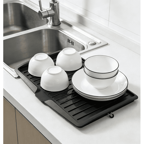 Large Plastic Kitchen Tray | 17.6 x 12.2 Inch Rectangular Dish Drying Rack | Multi-Purpose Drain Board for Dishes, Fruits & Vegetables | Space-Saving Hanging Hole | Countertop Organizer