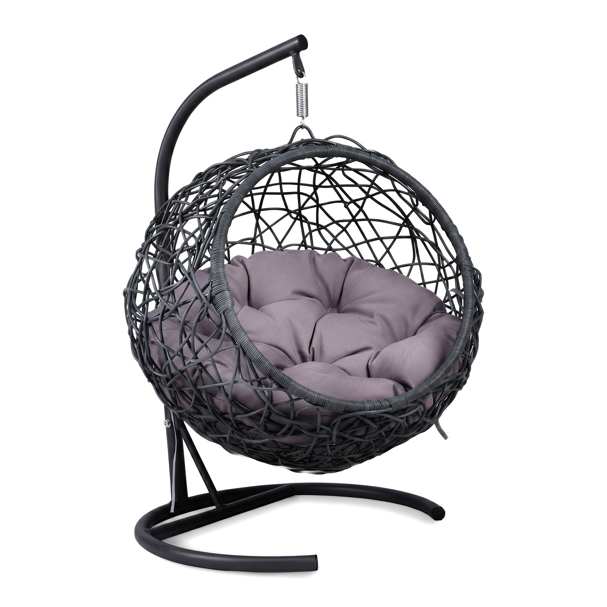 Gray Cat Swing Bed with Stand & Cushion, Rattan Wicker Egg Chair, Indoor Outdoor Hanging Hammock Bed for Cats Dogs Small Animals Bedroom Porch