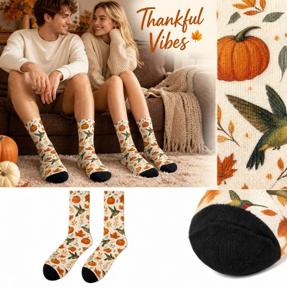 Thanksgiving Crew Socks For Men Women Mid Calf Casual Athletic Socks With Pumpkin Floral Print Soft Everyday Socks Fall Autumn Holiday Novelty Funny Cute Gift Cozy Comfortable Breathable Cotton Blend