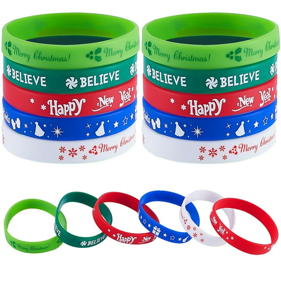 1Set 30Pcs 5 Colors Christmas Themed Silicon Cord Bracelets Mixed Color Inner Diameter: 2-1/2 inch(6.5cm) 6pcs/color