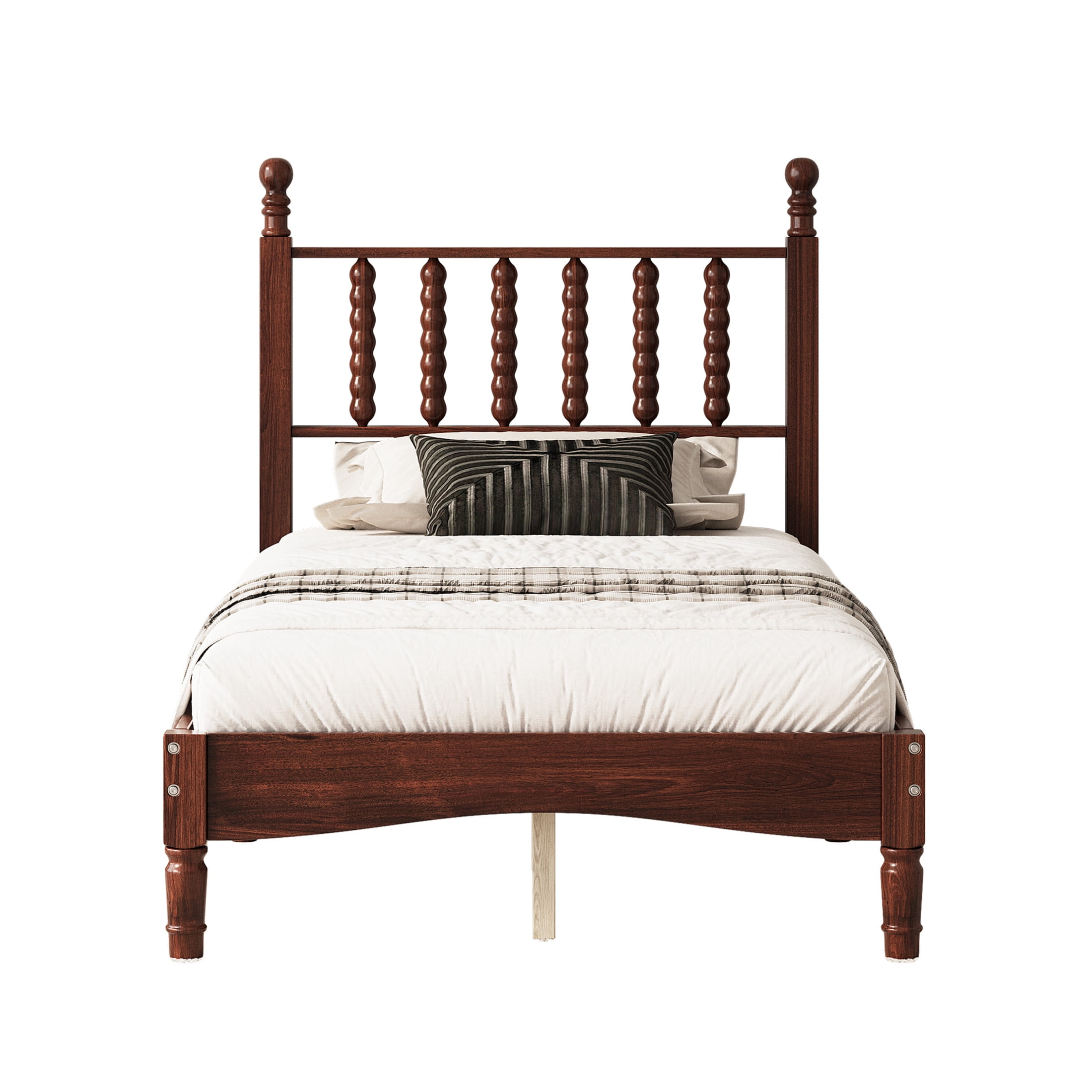 Noble House Twin Size Platform Bed with Gourd Shaped Headboard, Wooden Slat Support, Walnut