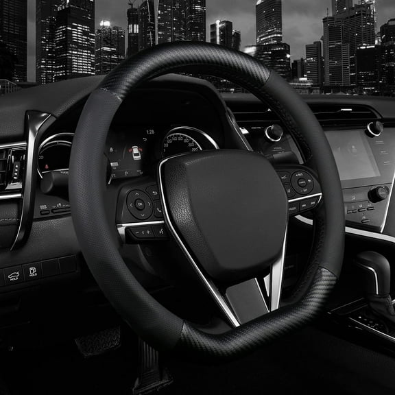 D Shape Steering Wheel Cover, Premium Leather Car Steering Wheel Protector Sport Carbon Fiber Design, Non-Slip Breathable, Universal Fit 15 Inch Car Auto SUV Flat Bottom Steering Wheels, Matt Black