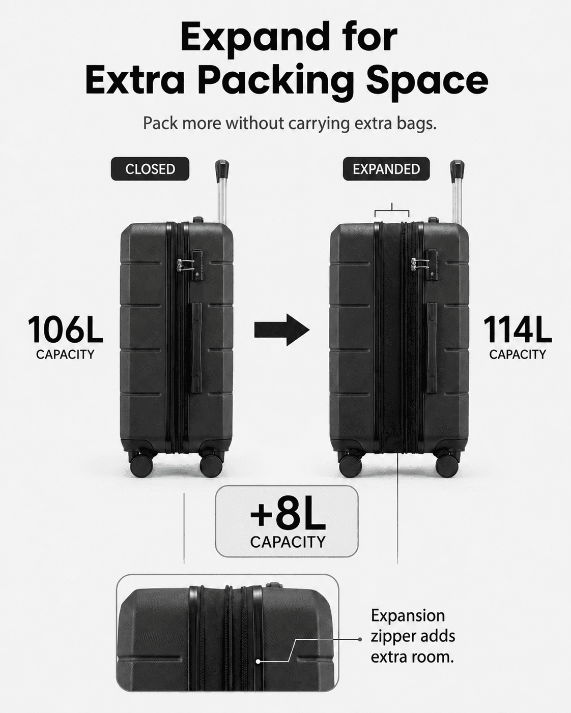 28" Checked Large Expandable Luggage,Hardside Spinner Suitcase with TSA Lock,Black - EX-Lite