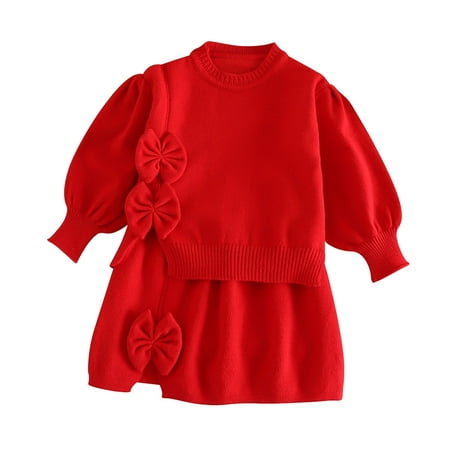 

TIREOW Comfortable Sweaters Dresses for Kid s Toddler Girls Long Sleeve Sweet Bow Sweater Two Piece Set Fashion Preppy Princess Knit Two Dresses Outfits