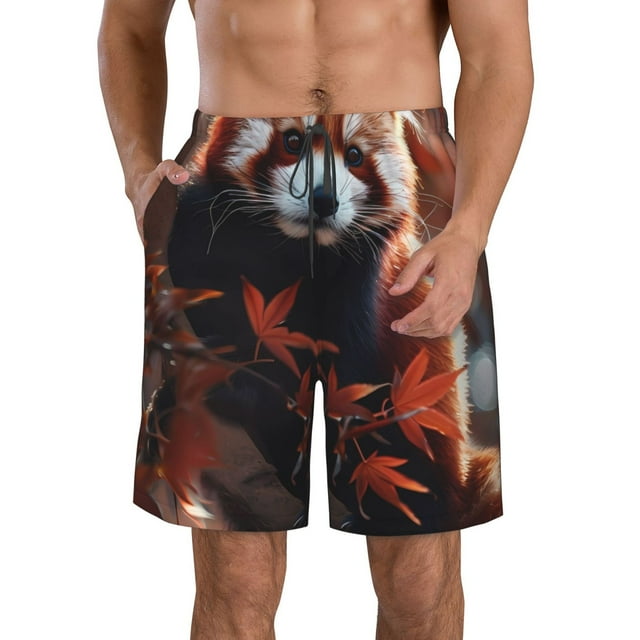 Sikiie Shorts de Plage pour Hommes Imprimé Branches de Panda Rouge, Haute Élasticité Séchage Rapide - avec Cordon et Poches Antidérapantes, Adapté pour Plage, Sports, Vacances-TTG