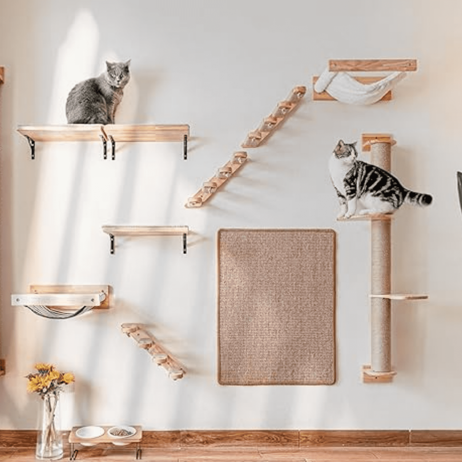 Cat Scratching Post, 35 x 4.5 Inch Cats Walls Furniture, Rubber Wood Wall Mounted Kitten Scratcher Posts, Thicker Columns for Multi-Functions