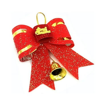 Ranliy Glitter Christmas Bows, Christmas Wreath Bow with Bell, Christmas Tree Ornaments Bows for Christmas Party Decoration, 4" (Gold & Red )
