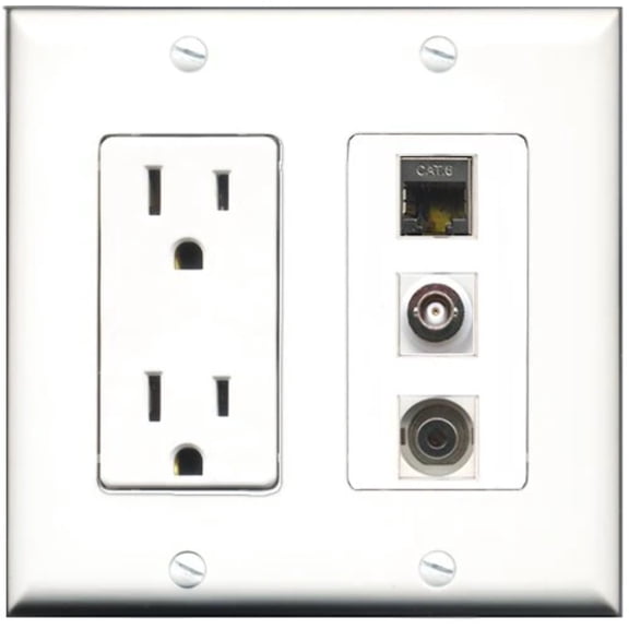 RiteAV - 15 Amp Power Outlet 1 Port Shielded Cat6 Ethernet Ethernet 1 Port 3.5mm 1 Port BNC Decorative Wall Plate