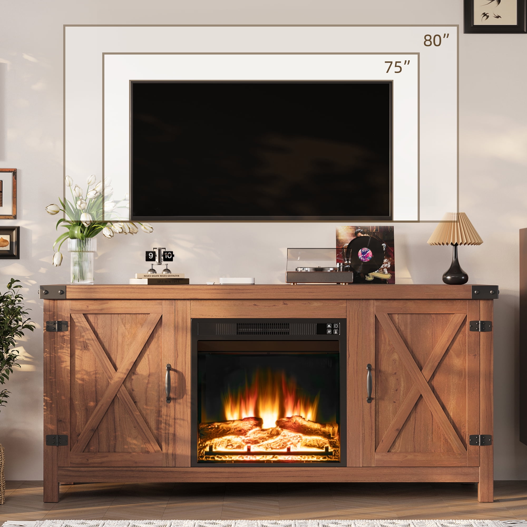 Homall Modern Farmhouse TV Stand Double Barn Door Fireplace TV Stand for TVs up to 65 inch,Rustic Brown