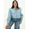 ELOQUII Elements Women's Plus Size Long Sleeve Chambray Ruffle Bib Shirt