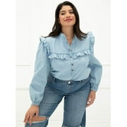 ELOQUII Elements Women's Plus Size Long Sleeve Chambray Ruffle Bib Shirt