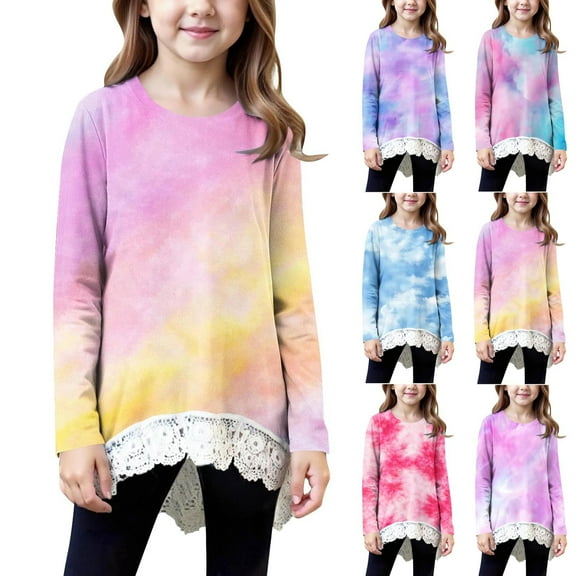 HAOTAGS Teen Girls Tops with Lace Hem(4-15), Long Sleeve Round Neck Tie-dye Print Pullovr Tops Hot Pink 6-7Years