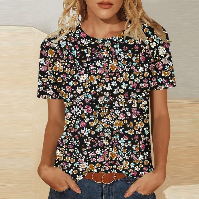 Xuyuer Blouse for Women Dressy Casual Short Short Sleeve Boho Tops Fashion Floral Crew Neck Tunic Shirts Summer Clothes Fashionable Casual Loose Round Neck T-shirt Solid Color Top