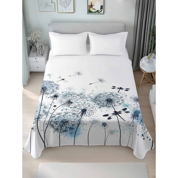 Queen Flat Sheet Only Blue Dandelion Dragonfly Soft Microfiber Cooling Bedding Sheets Black and White Style Flat Bed Sheet for Hotel,Home Decor