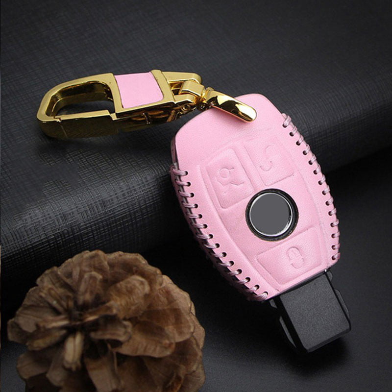 black with red stiching Genuine Leather Key Cover fob Keyrings Key Case Protector Wallet Keychain Fit for Mer-cedes Benz 2 Buttons Key